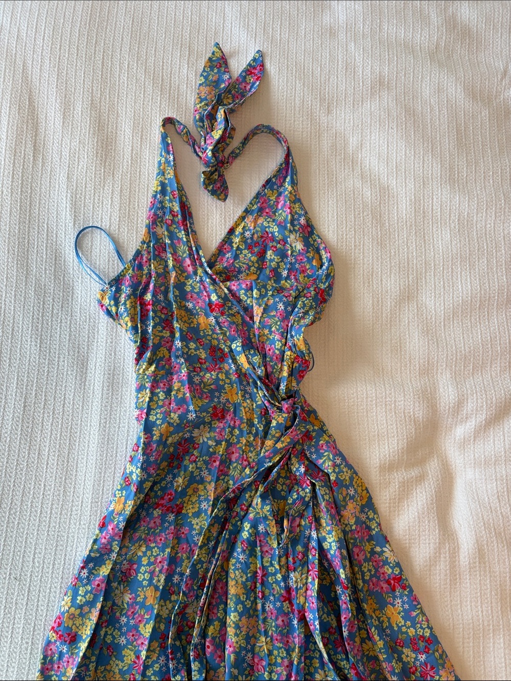 Billabong Blue Floral Wrap Dress with Pink and Yellow Blooms